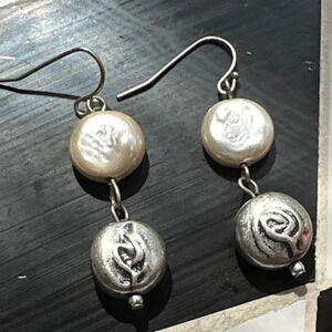 Biwa pearl coin antique silver dangle earrings/western style/coastal cowgirl